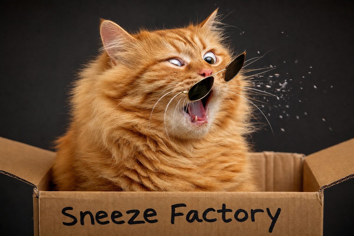 A fluffy orange cat in a cardboard box labelled 'Sneeze Factory' sneezes so hard its tiny sunglasses fly off its face
